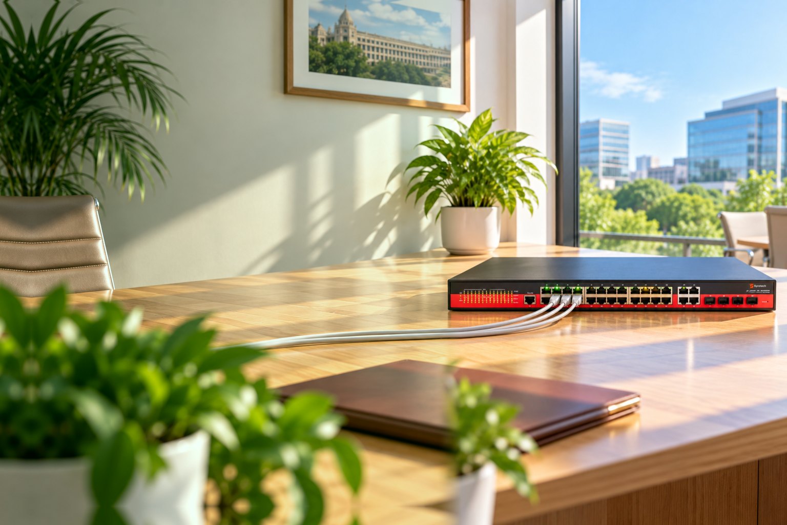 Syrotech 24-port managed PoE switch on a desk in a bright office